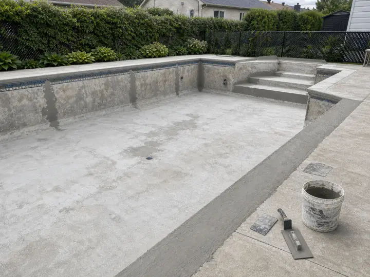 Piscine creusée en béton réparée, sans personne sur le chantier