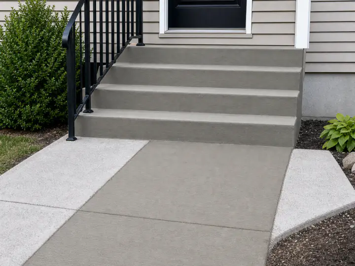Perron et trottoir de béton réparés, sans personne sur le chantier