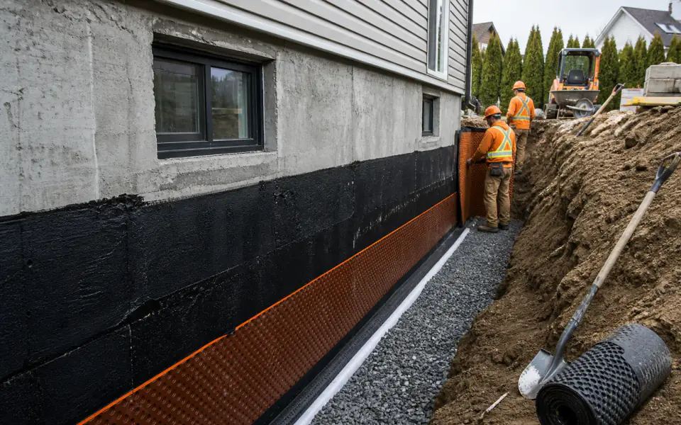 Travaux d'étanchéité extérieure de fondation avec membrane et drain français